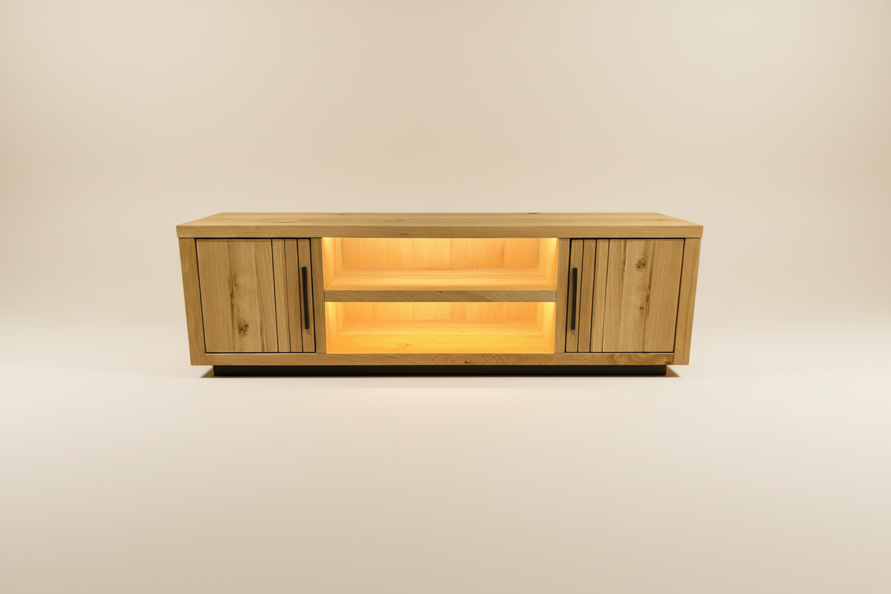 Pavie TV-meubel – vooraanzicht LED crème sweep